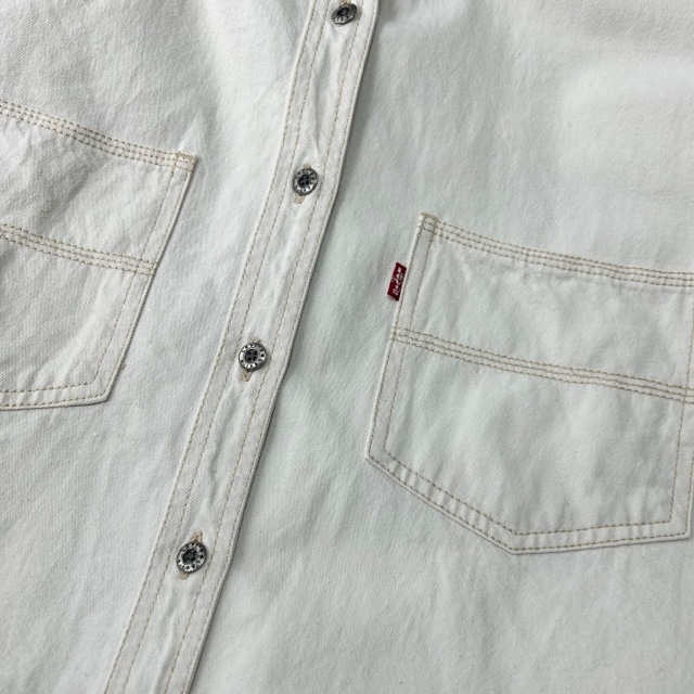 sh●477 USA古着 80s～90s Levis 生成り 白デニムシャツ ゆったりL～ オールド ヴィンテージ アメリカ古着 リーバイス オフホワイト 厚手