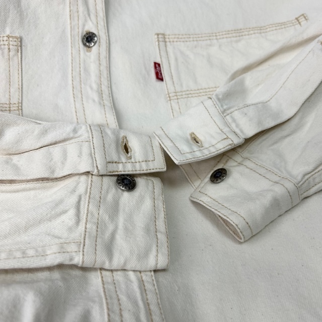 sh●477 USA古着 80s～90s Levis 生成り 白デニムシャツ ゆったりL～ オールド ヴィンテージ アメリカ古着 リーバイス オフホワイト 厚手