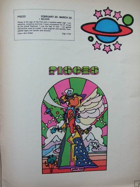  原文:1960s Vintage / Peter Max / PISCES うお座 染み込みプリント スエットシャツ　難あり ビンテージ中古品 ピーターマックス