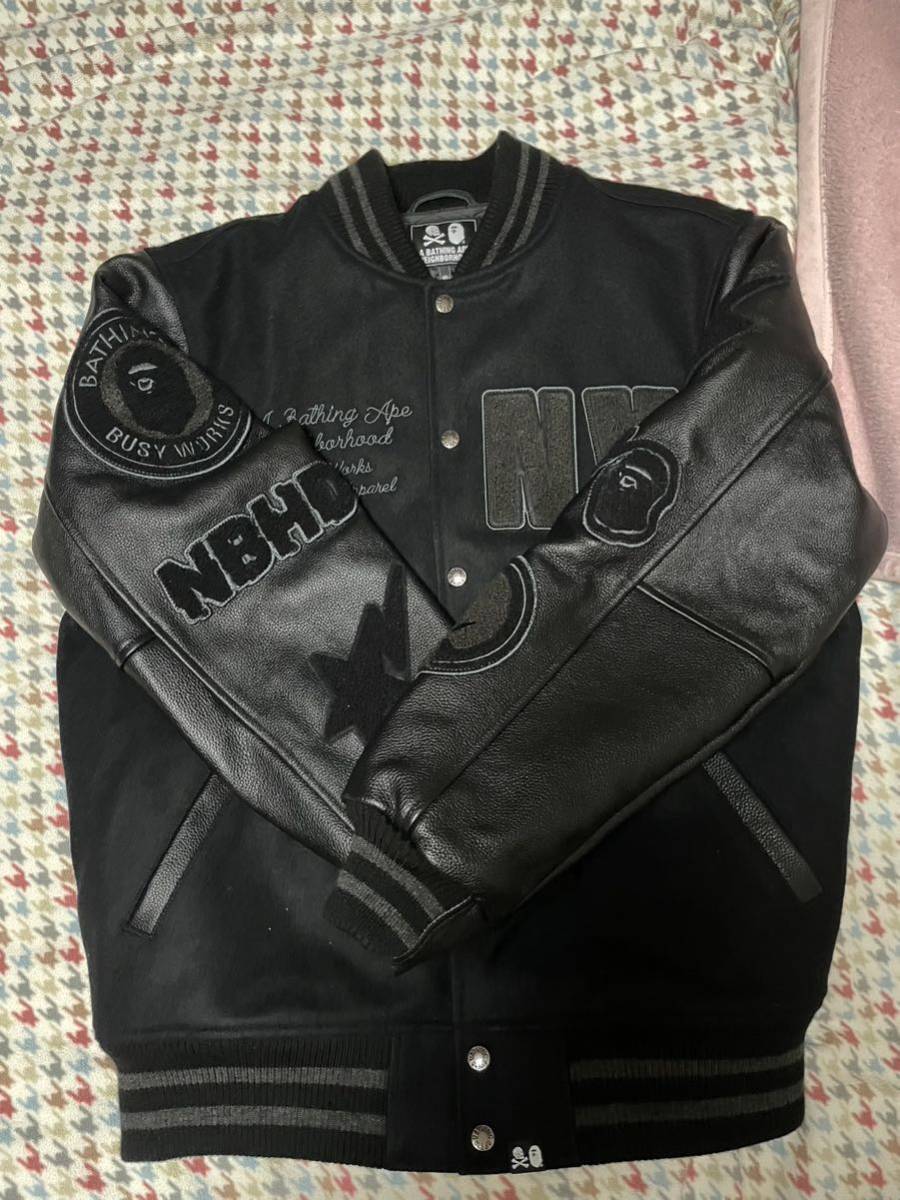 100着限定 XL 美品 BAPE NEIGHBORHOOD VARSITY JACKET 袖レザー