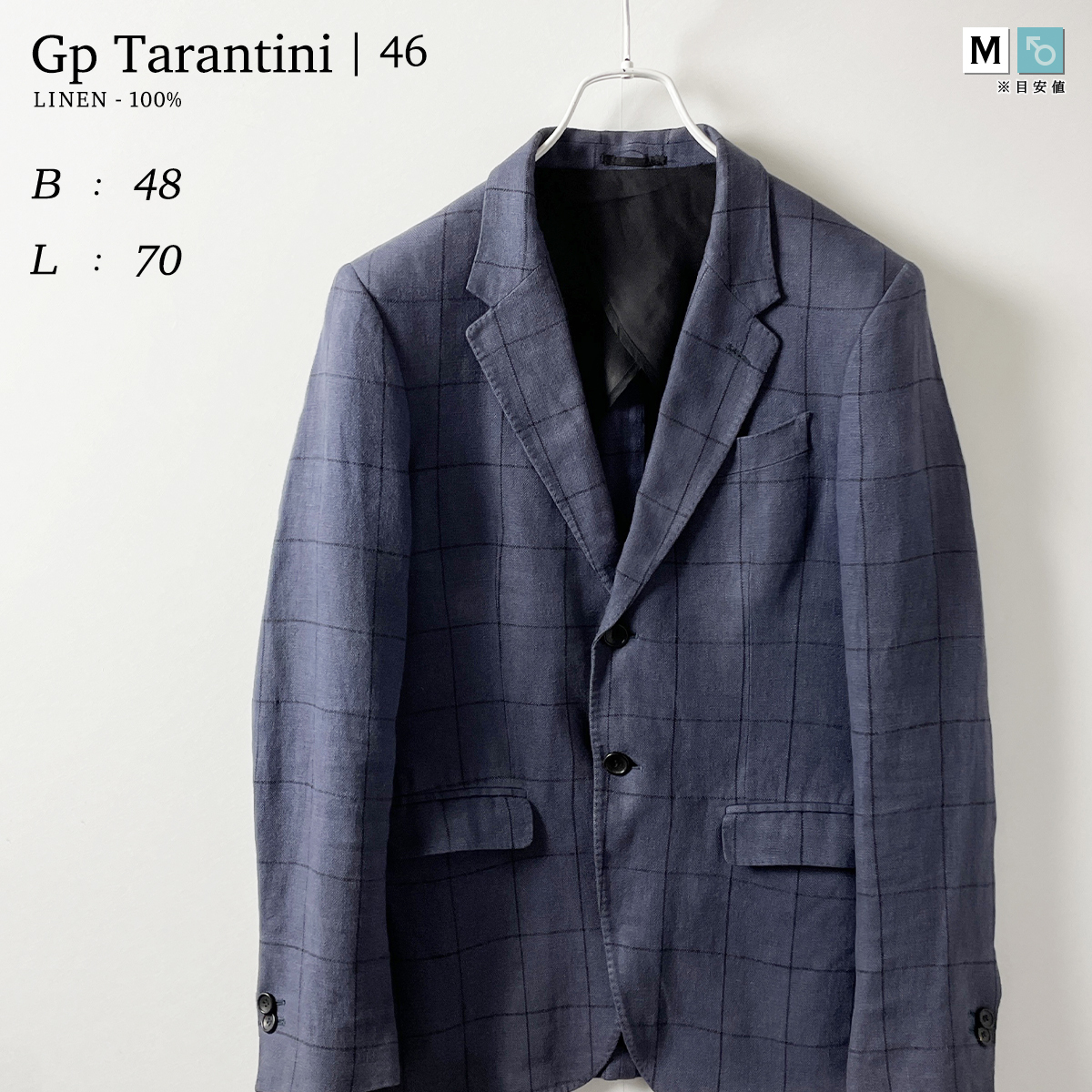 Gp Tarantini　麻 100% イタリア製 テーラード ジャケット 紫 パープル 薄手 リネン 春 夏 秋 チェック 柄 背抜き ウィンドウペン 総柄 46