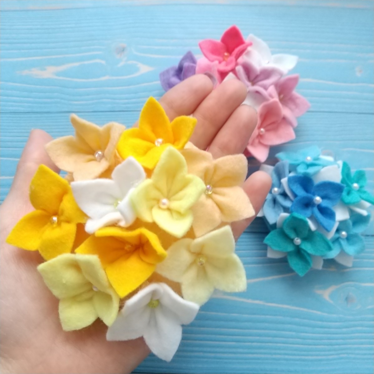 人気 フェルト紫陽花セット 梅雨 飾り 季節 雨 ブルー ピンク イエロー ディスプレイ ハンドメイド お花 可愛い 置き物_画像2