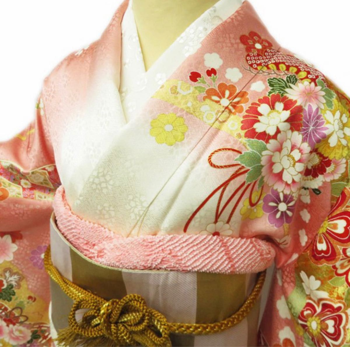 振袖・襦袢2点セット 正絹 着物 花模様 金駒刺繍