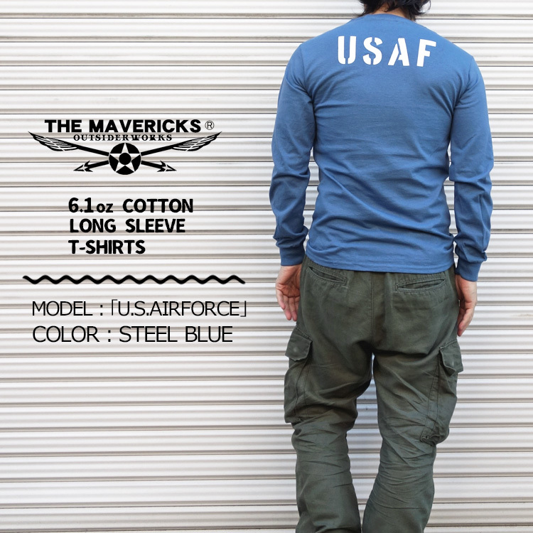 ミリタリー 長袖 Tシャツ S メンズ MAVEVICKS ブランド 綿100% USAF エアフォース 青 ブルー_画像3