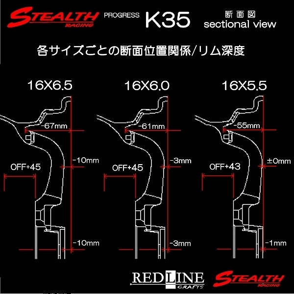 ■ ステルスレーシング K35 ■ 改造軽四用16in, 前後異幅5.5J/6.0J Hankook 165/45R16 タイヤ付4本セット 人気スーパーディープリム!!の画像3