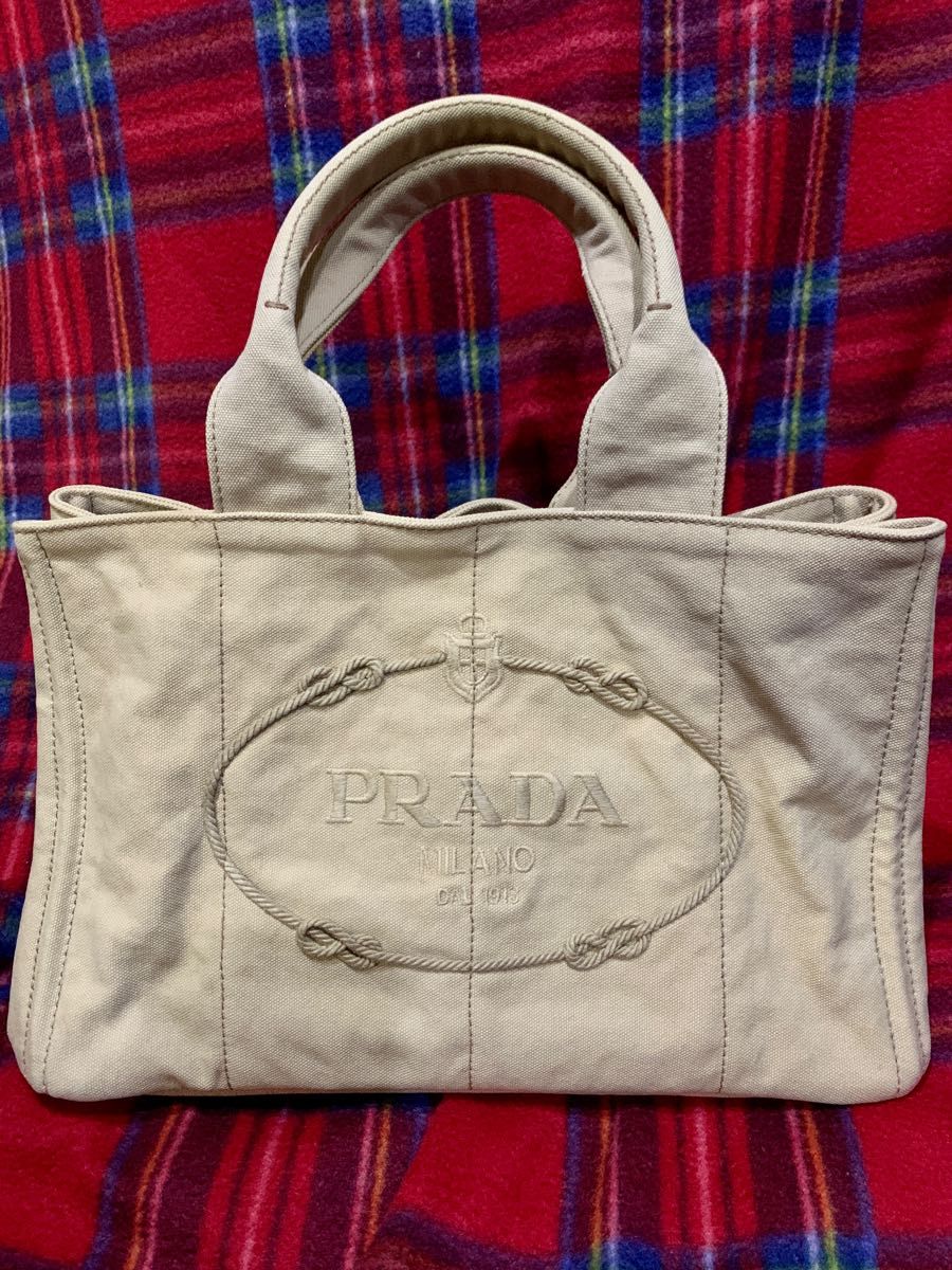 正規品  PRADA プラダ トートバッグ カナパM ハンドバッグ 三角プレート アイボリー 刺繍 マザーズバッグ ユニセックス