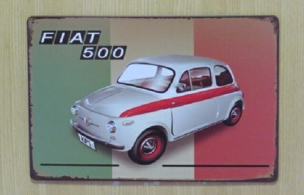 送料無料 フィアット500 イタリア国旗 金属製 メタルサインプレート FIAT500　チンクェチェント　NUOVA 500 看板　ブリキ ガレージ_画像1