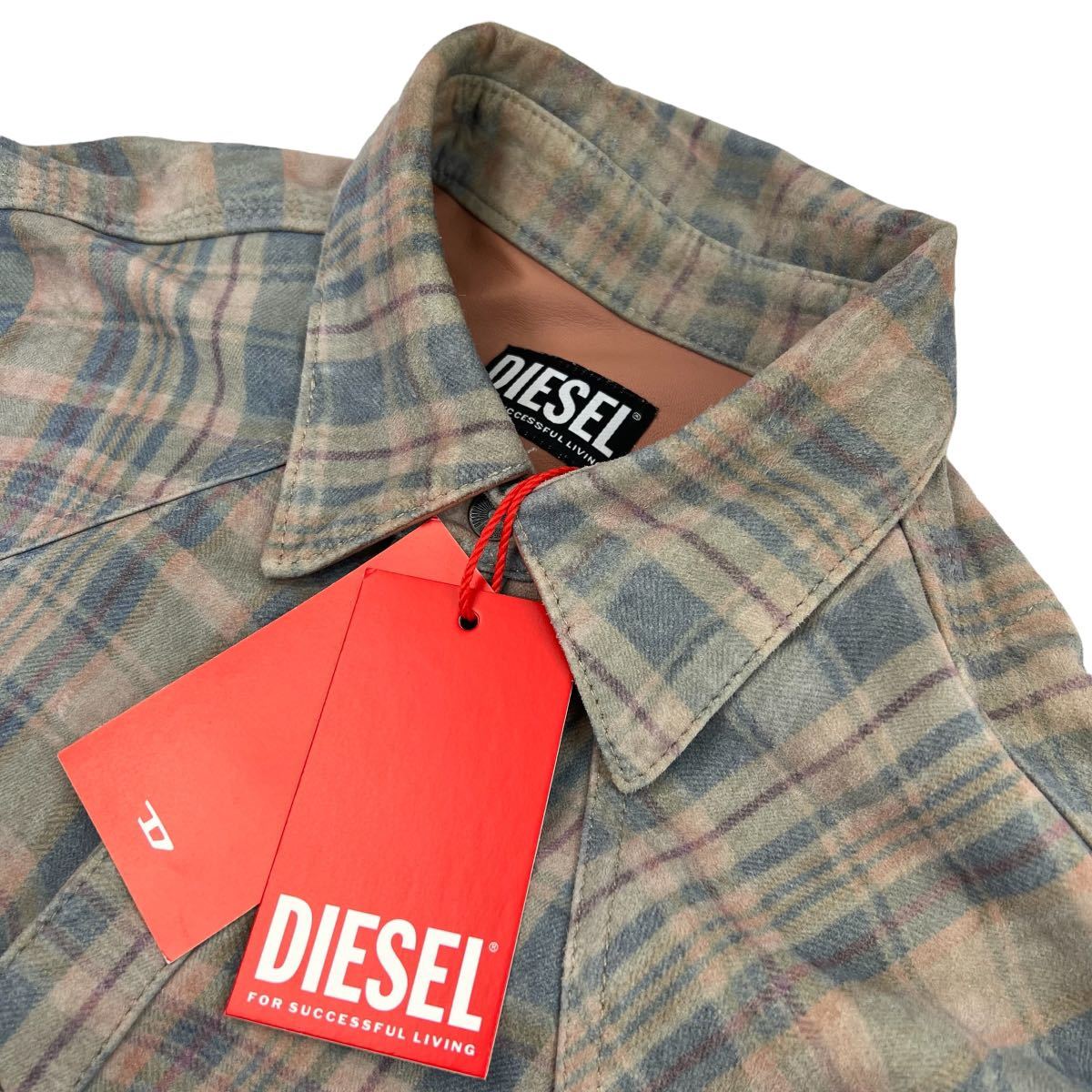 定価11万 美品 DIESEL ディーゼル L-FIVE 2022FW レザーシャツ サイズM 羊革 タグ付き ピンホール有 襟元スレ有 チェック柄 上質 A2428_画像3