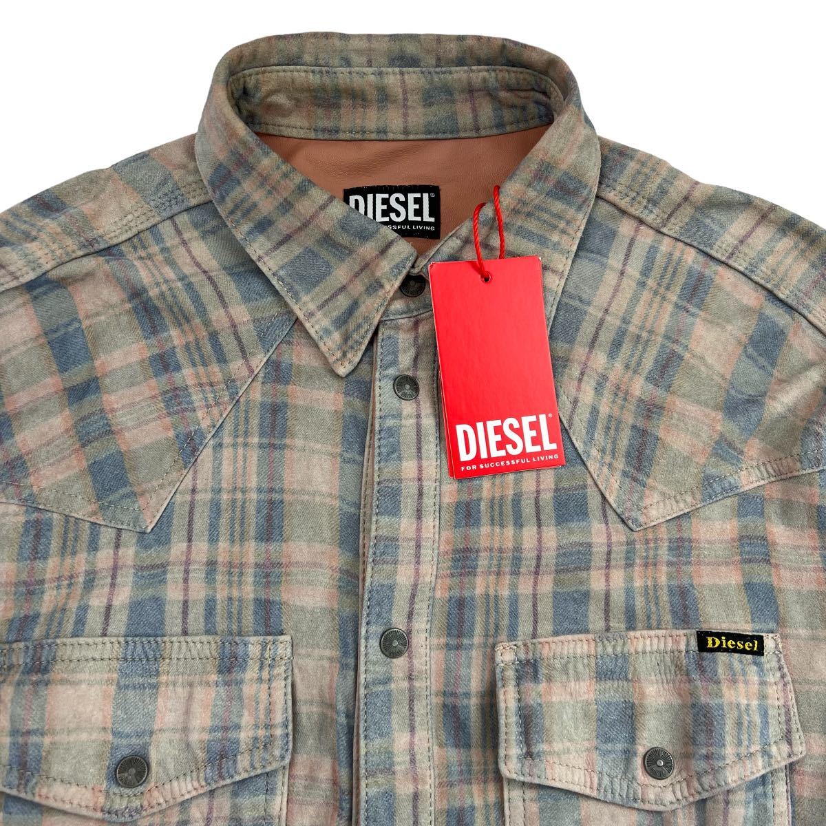 定価11万 美品 DIESEL ディーゼル L-FIVE 2022FW レザーシャツ サイズM 羊革 タグ付き ピンホール有 襟元スレ有 チェック柄 上質 A2428_画像2