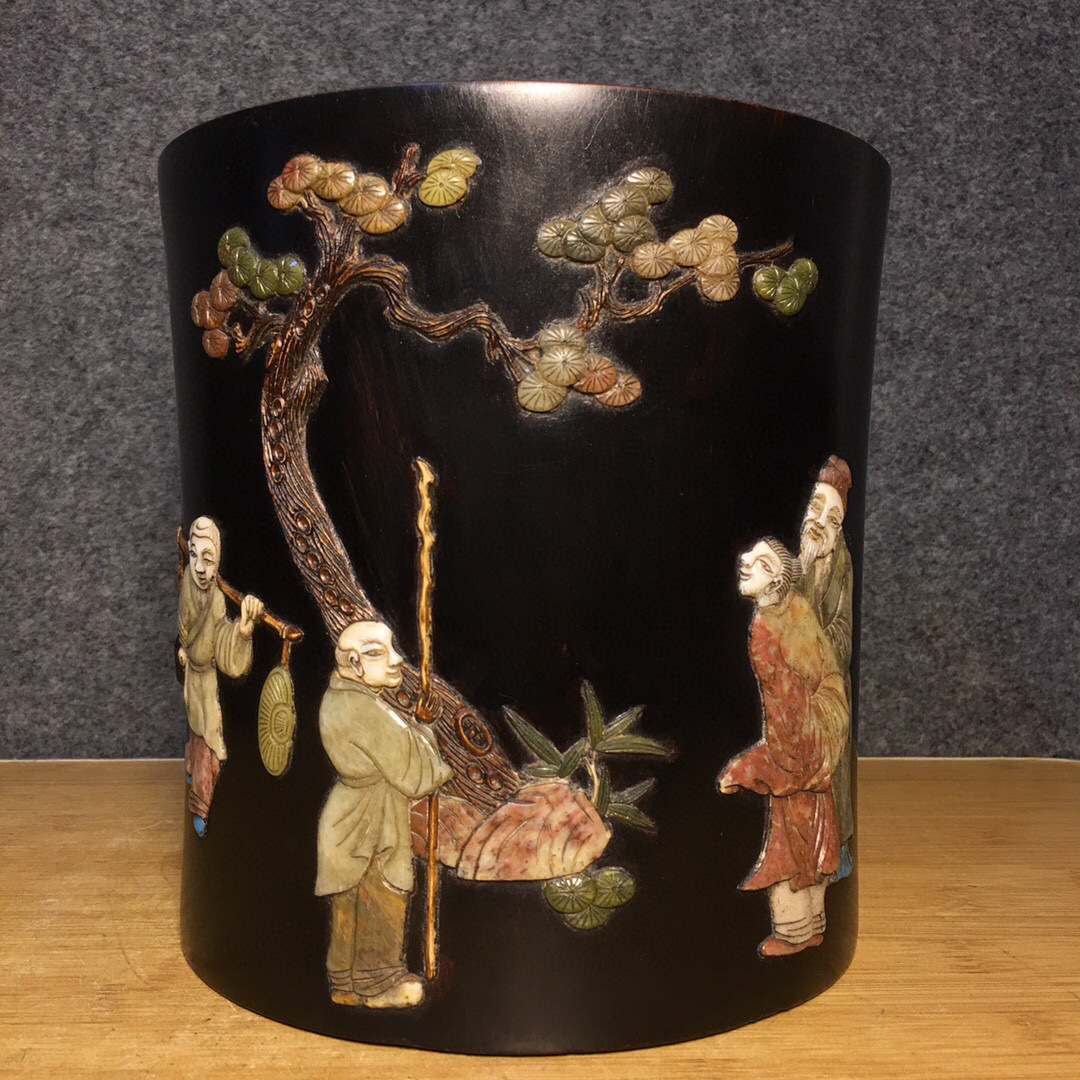 蔵友館蔵品・紫檀木製・細密彫・人物故事紋・筆筒】・希少珍品・置物