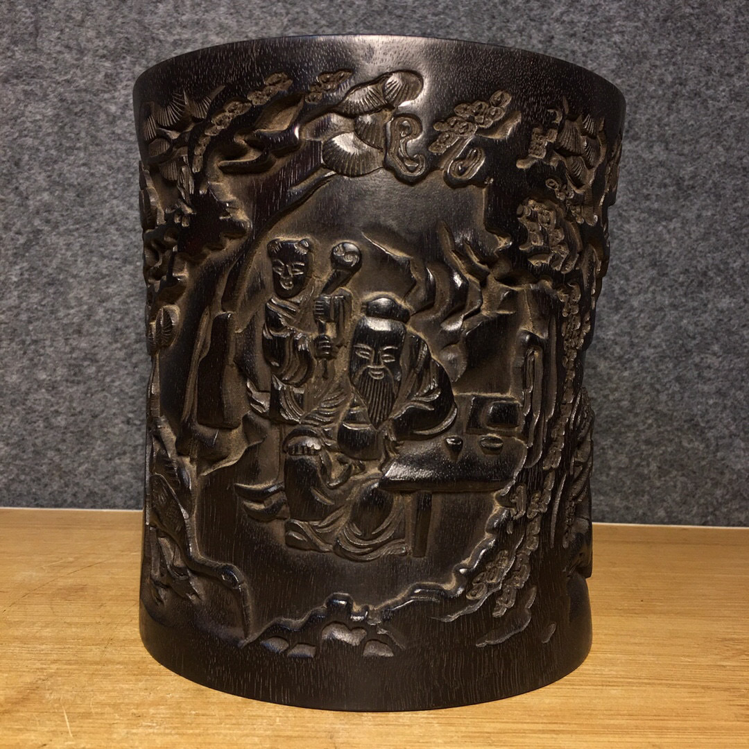 蔵友館蔵品・紫檀木製・細密彫・牛毛紋・松下老人紋・筆筒】・希少珍品