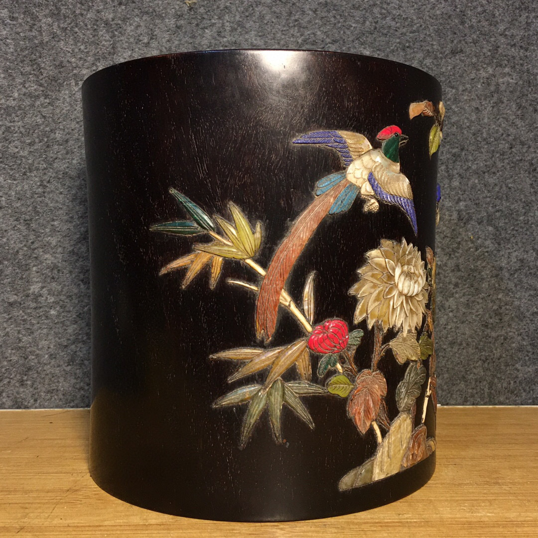 蔵友館蔵品・紫檀木製・細密彫・百寶嵌・花鳥紋・筆筒】・希少珍品
