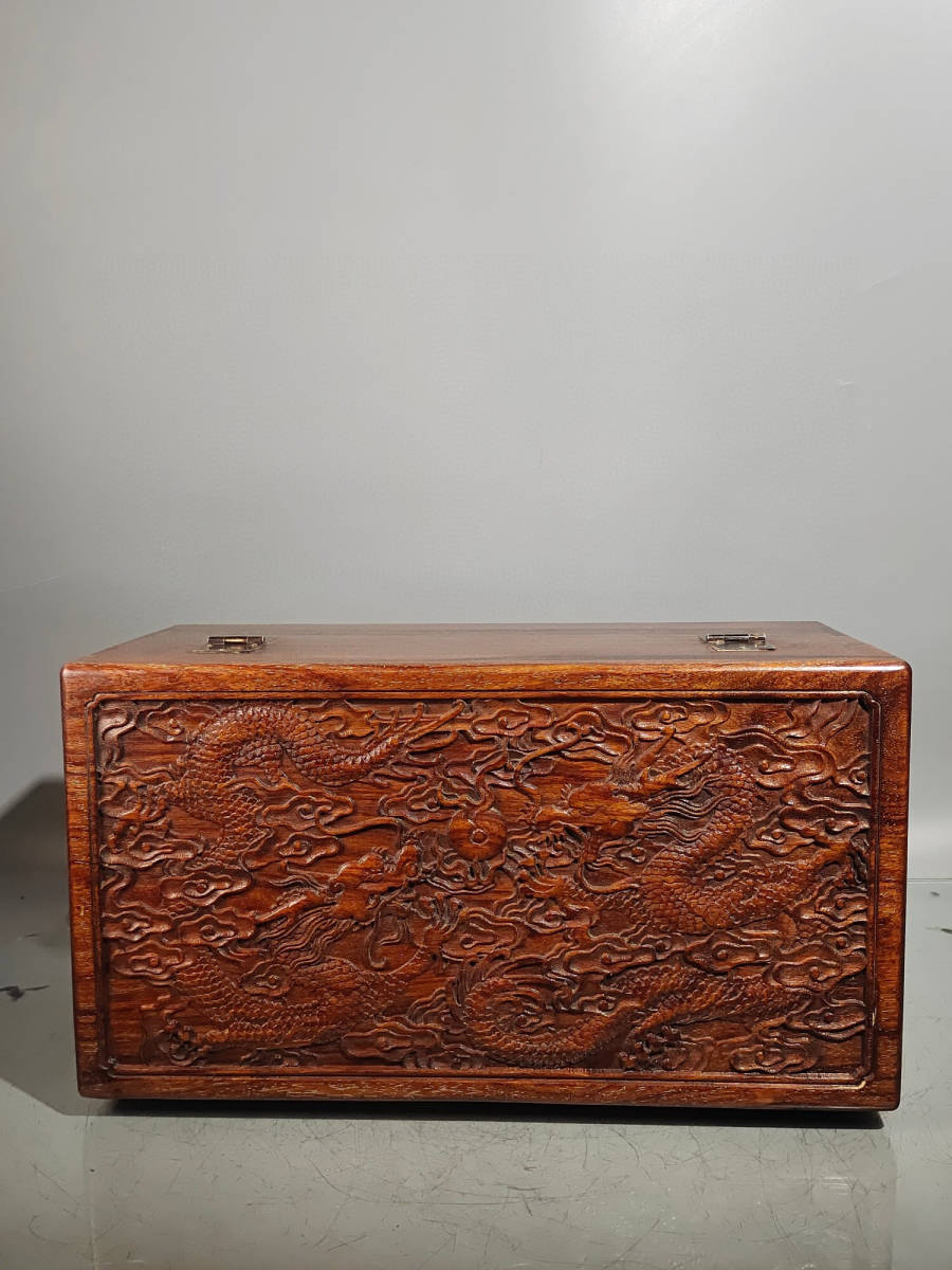 蔵友館蔵品・檀木製・細密彫・玉石嵌・首飾盒】希少珍品・置物・賞物