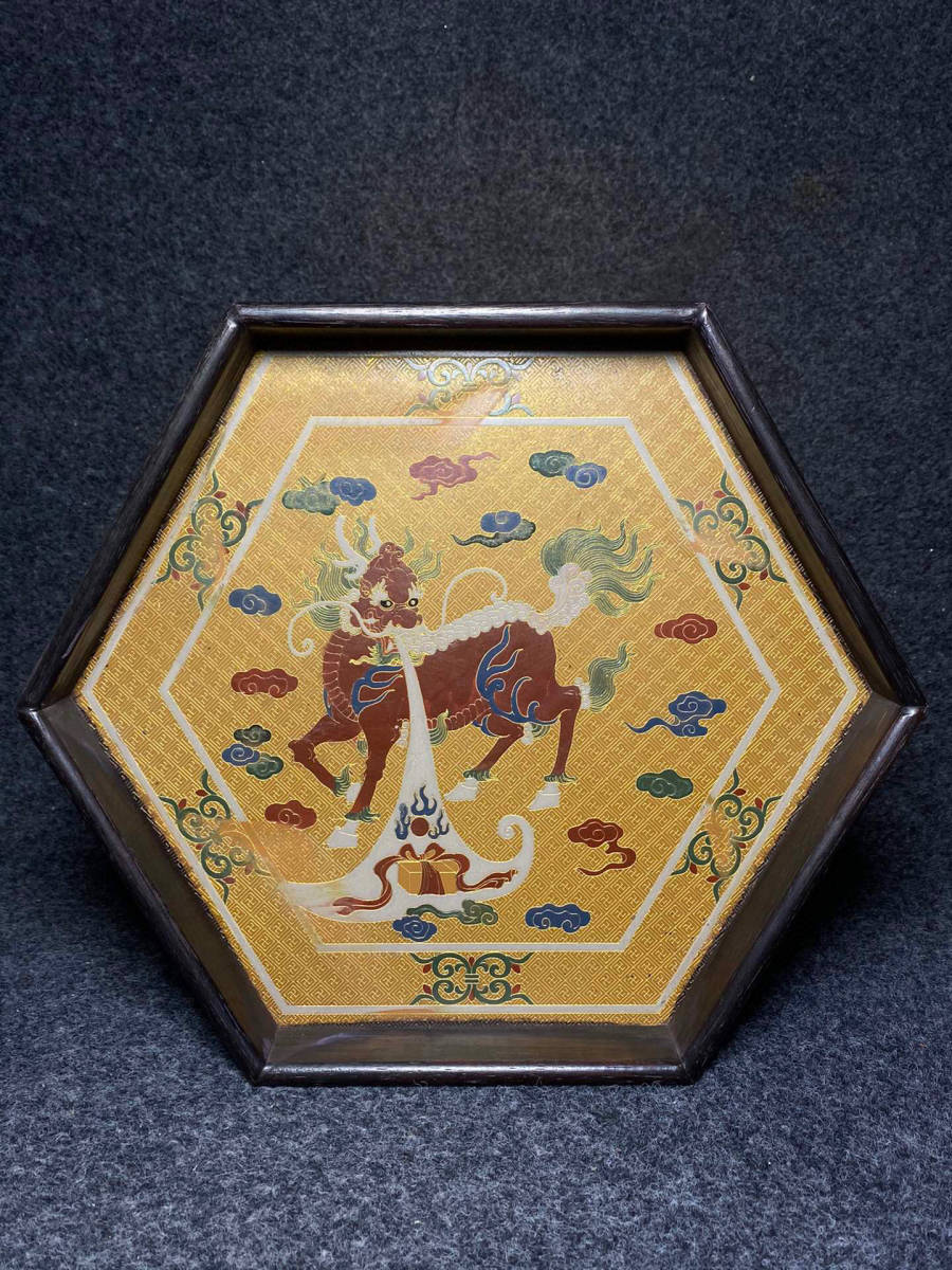 蔵友館蔵品・黑檀木製・細密彫・麒麟紋・茶盤】希少珍品・置物・賞物