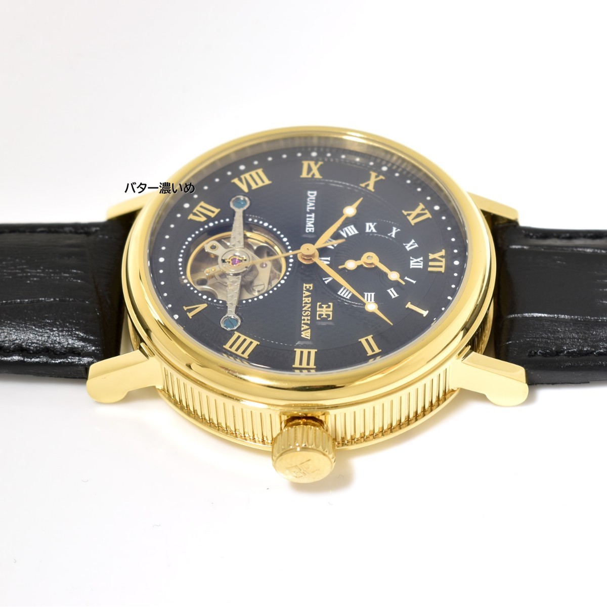 EARNSHAW アーンショウ 腕時計 メンズ 自動巻き 手巻きつき ブラック×ゴールド 革ベルト レザーベルト テンプスケルトン ES-8047 未使用の画像4