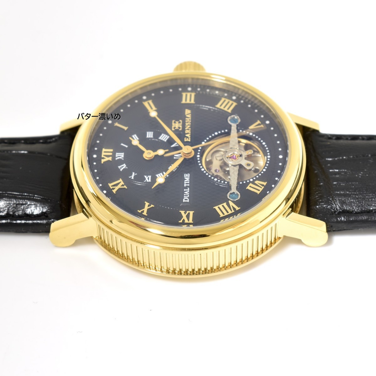 EARNSHAW アーンショウ 腕時計 メンズ 自動巻き 手巻きつき ブラック×ゴールド 革ベルト レザーベルト テンプスケルトン ES-8047 未使用の画像5