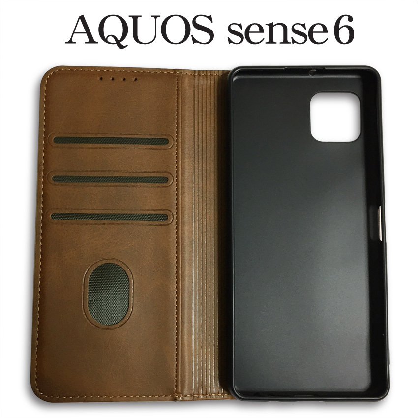 AQUOS sense6 [SH-54B・SHG05]ケース 手帳型　ベルトなし　マグネット〔ブラウン〕 ☆おまけ ガラスフィルム付き