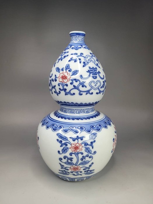 中国 唐物 古瓷 時代物 清代青花紅釉福祿葫蘆瓶 connectedfire.com