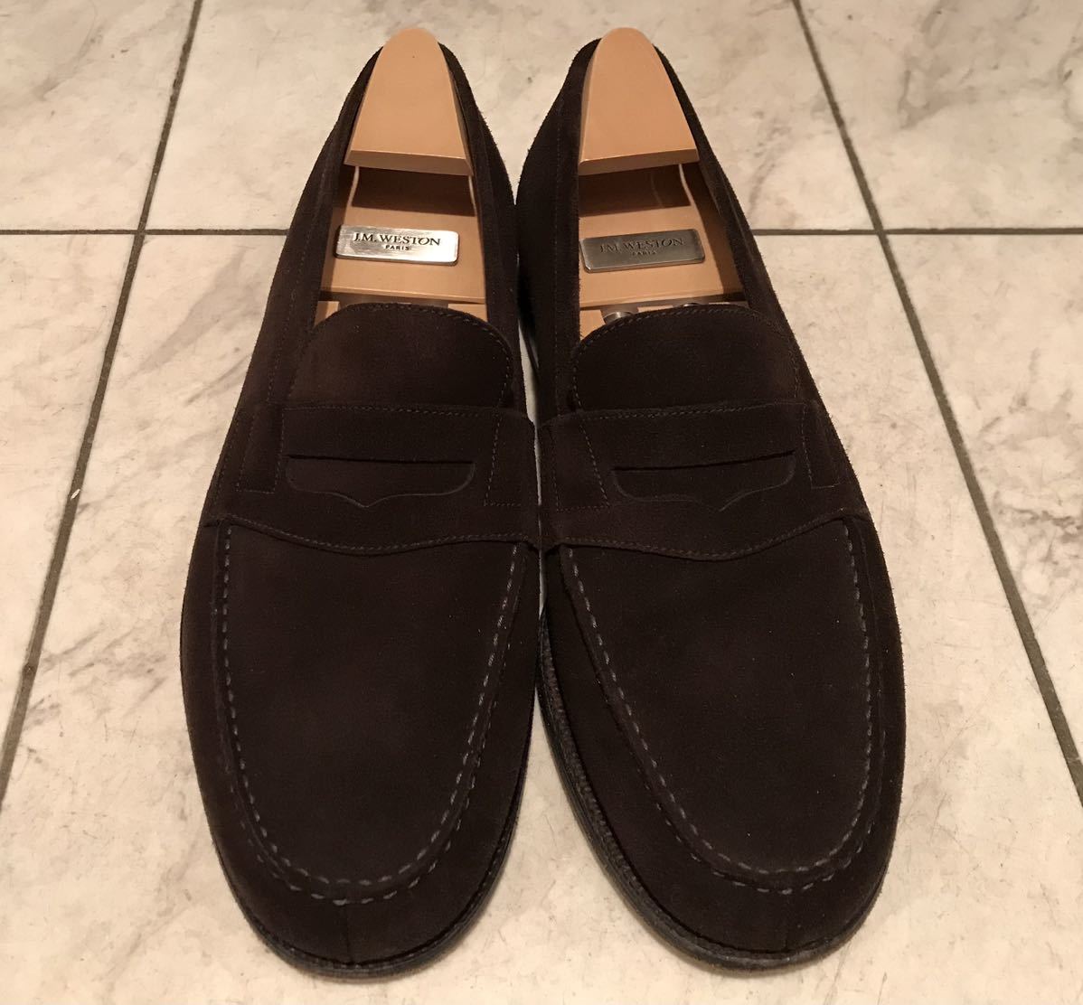  прекрасный товар [J.M.WESTON J.M. талия n180 signature Loafer ] Brown замша оригинальный колодка tree *BOX* задний имеется Франция *meido