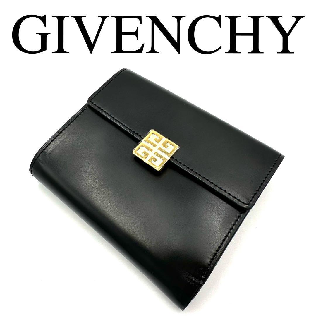 超美品 GIVENCHY ジバンシィ 折り財布 ロゴ がま口 レザー ブラック
