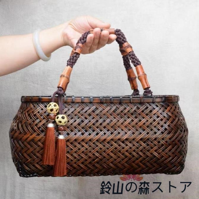 手編みバッグ竹編みバッグ女性竹手提げバッグ竹編みかご茶器収納バッグ