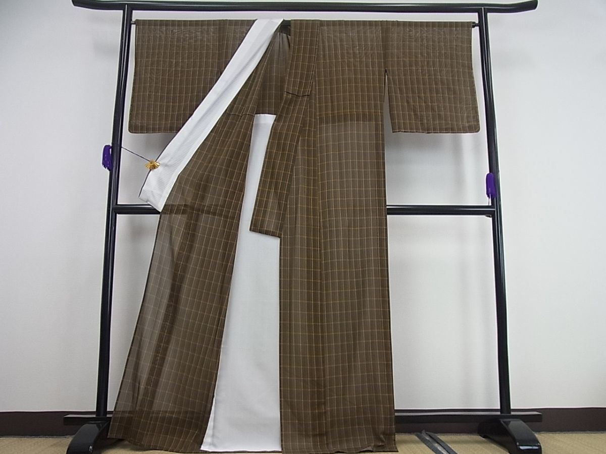 平和屋着物□極上 夏物 本場黄八丈 夏黄八 西條吉広 黒八丈 格子 証紙