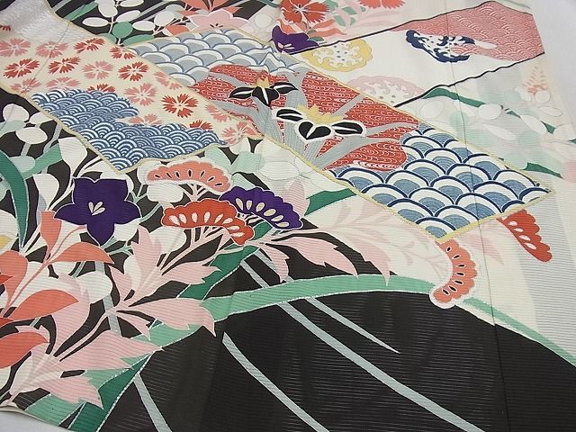  flat peace shop kimono # finest quality summer thing antique Taisho romance long-sleeved kimono . piece embroidery . water tanzaku . flower writing silver . excellent article 3s1778
