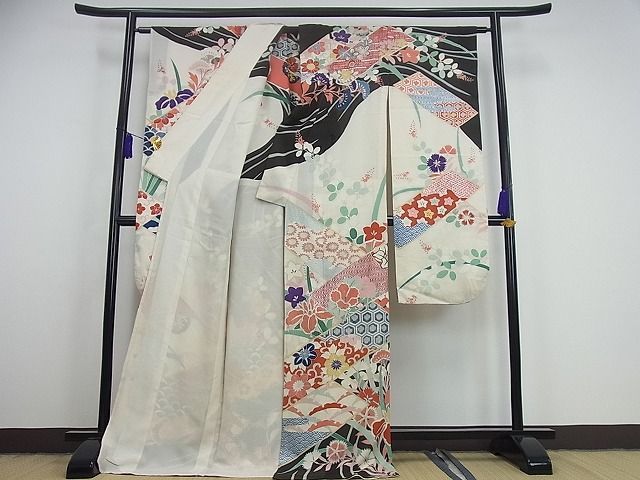 平和屋着物■極上　夏物　アンティーク　大正ロマン　振袖　絽　駒刺繍　流水短冊草花文　銀彩　逸品3s1778_画像2