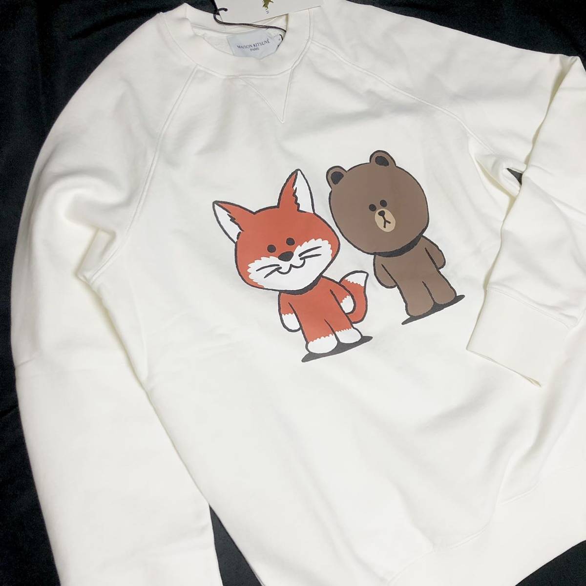 S 新品 MAISON KITSUNE X LINE FRIENDS コラボ 限定 ロゴ ビッグプリント スウェット シャツ トレーナー ホワイト メゾンキツネ ライン 白