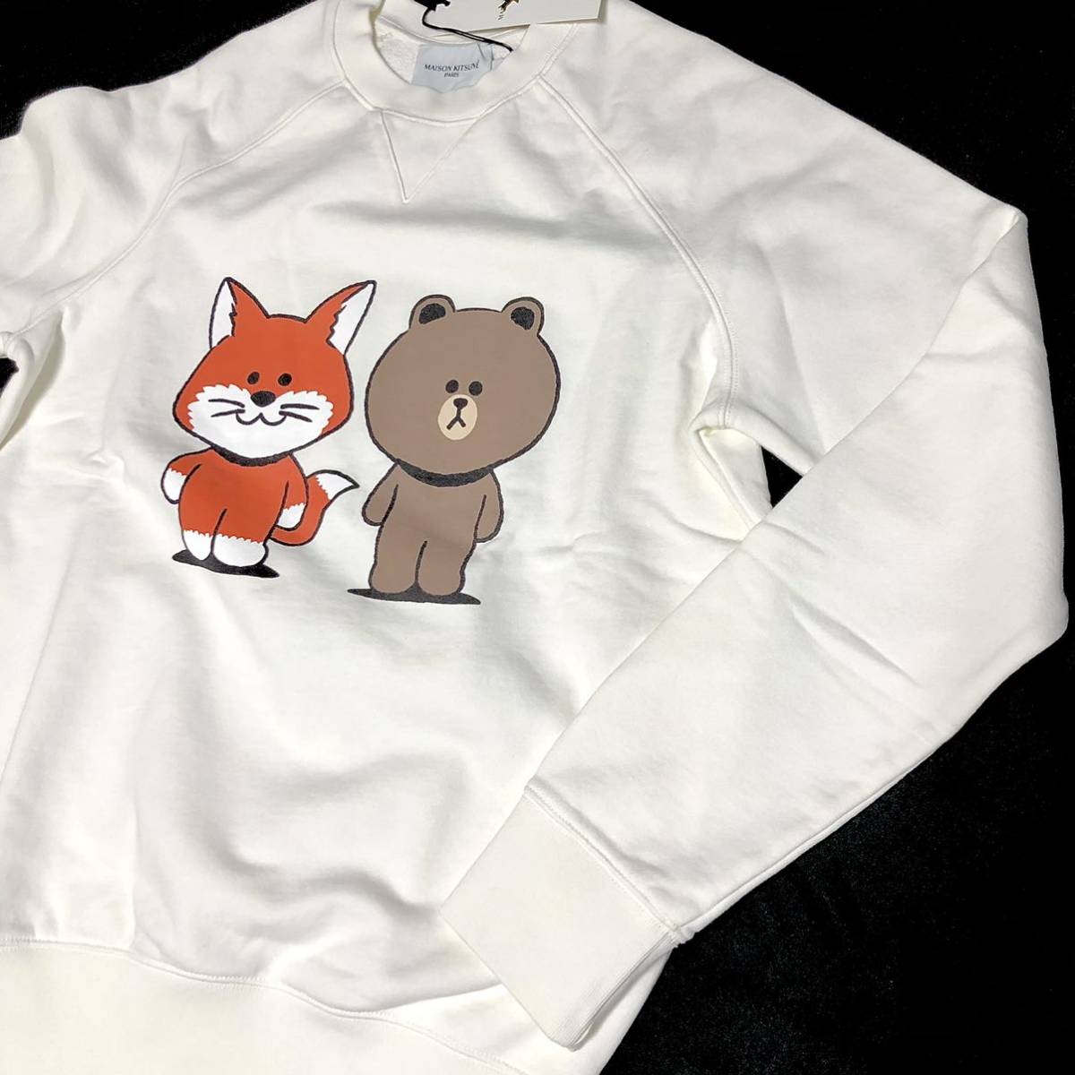 S 新品 MAISON KITSUNE X LINE FRIENDS コラボ 限定 ロゴ ビッグプリント スウェット シャツ トレーナー ホワイト メゾンキツネ ライン 白