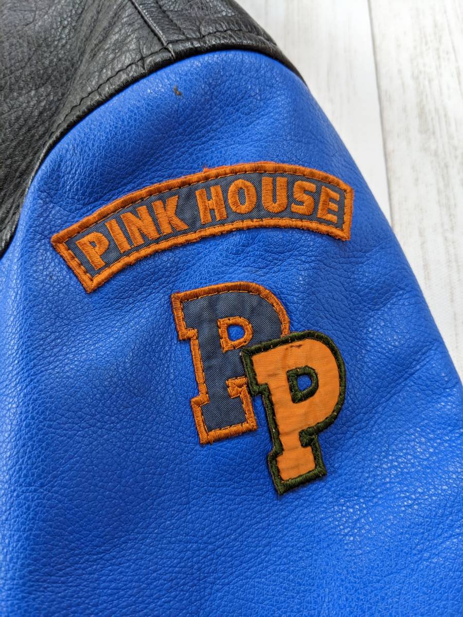 PINK HOUSE/ Pink House / rare / all leather stadium jumper / blouson / badge * lining flower total pattern quilt * sleeve hem tyrolean rib / cow leather / original leather 