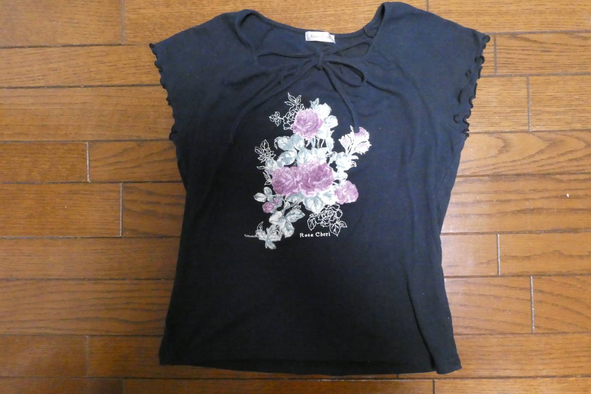 ローザシェリ Rosa Cheri レディース　バラ柄　黒 半袖　Tシャツ　Lサイズ　コットン100％_画像1