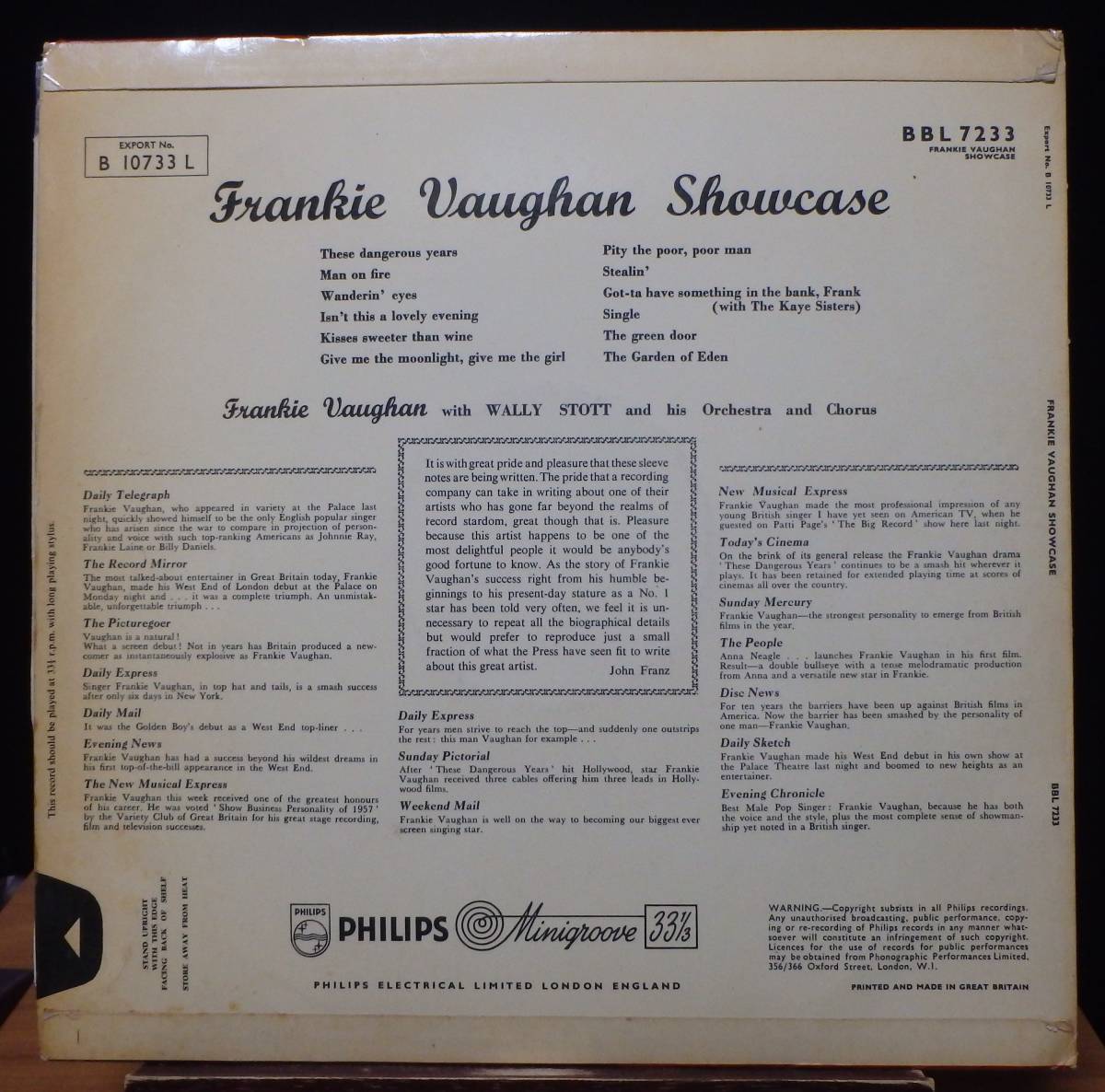 【JV156】FRANKIE VAUGHAN「Frankie Vaughan Showcase」, 58 UK Original/ペラジャケ　★ボーカル/バラード_画像2