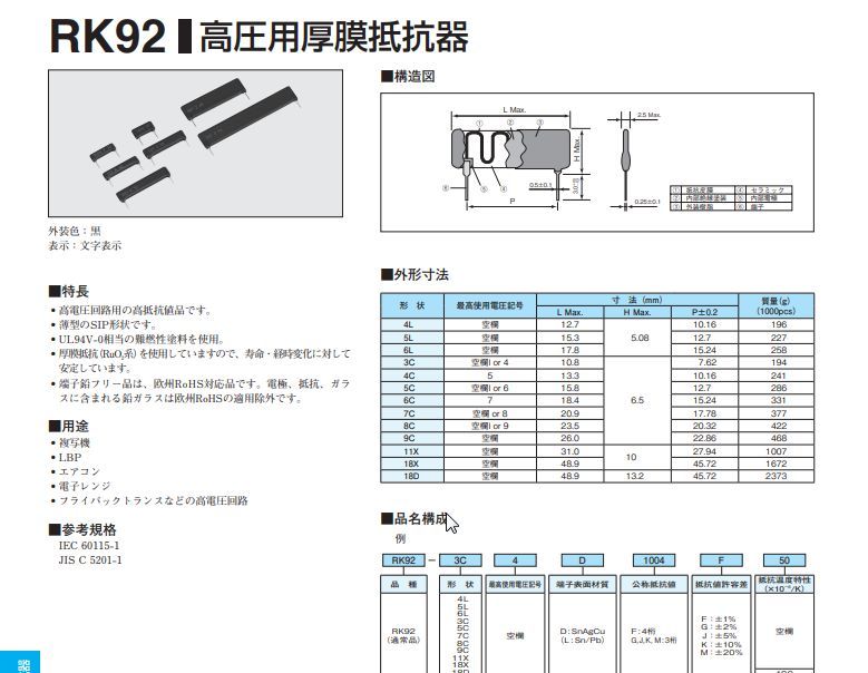 KOA　高圧用厚膜抵抗器　100MΩ　0.75w　RK92-5CD107J　誤差5％　４個組_画像3