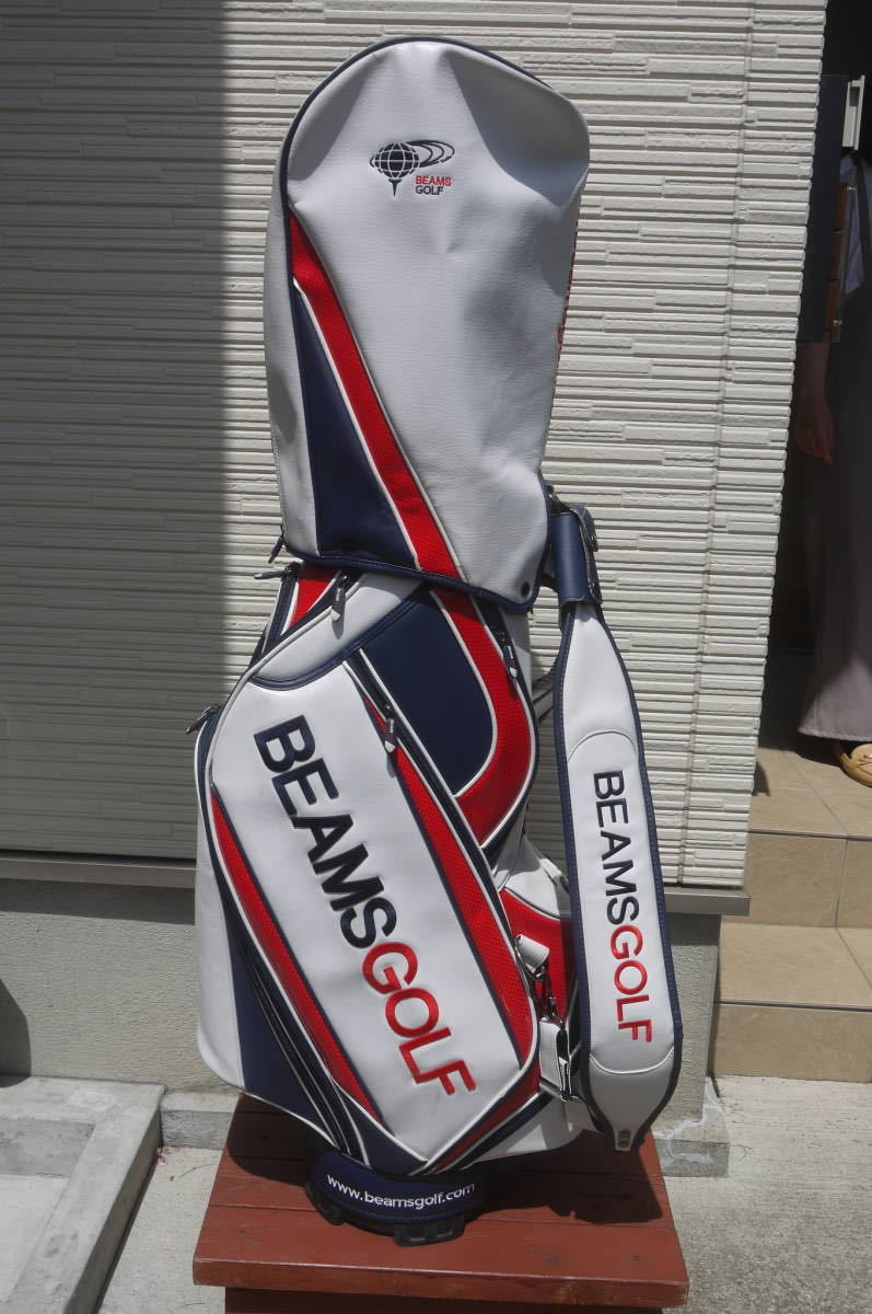 美品!!ビームスゴルフ BEAMSGOLF ゴルフ GOLF キャディバッグ 白色×赤色×紺色/5.25kg/送料1500円から_画像1