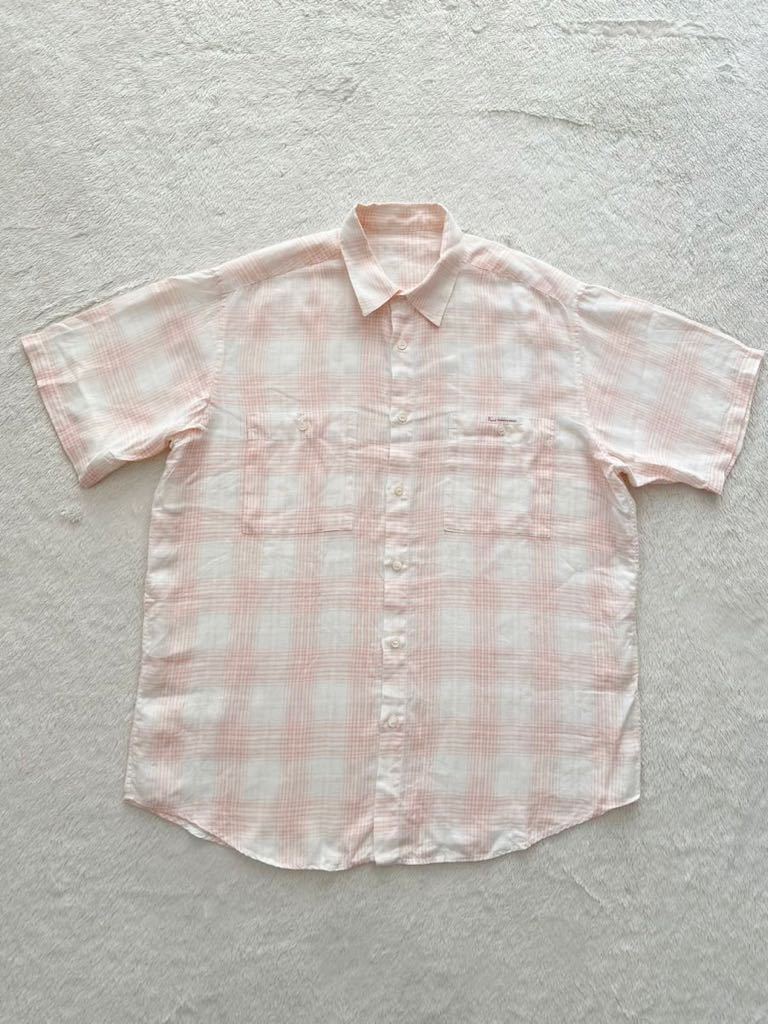 PAPAS size48-L リネンシャツ 半袖シャツ ピンク ホワイト メンズ パパス