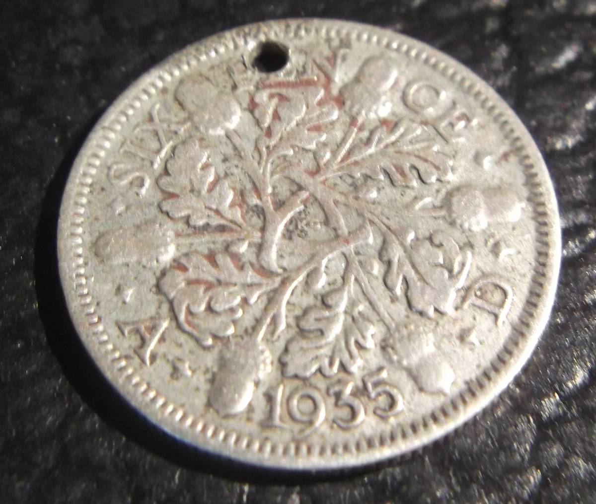 英国アンティーク ジョージ5世 コイン 6 シックスペンス シルバー500 ネックレスペンダント チャーム 懐中時計 フォブ 1935年 ビンテージ_画像6