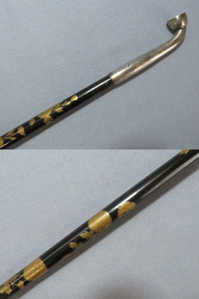 時代物 金蒔絵 菊花彫り 銀煙管 / 希少 全長47.2cm 江戸時代 大 時代物 金蒔絵 菊花彫り 銀煙管 / 希少 全長47.2cm 江戸時代 大