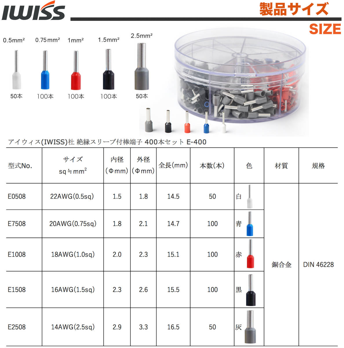 ☆正規品☆ アイウィス(IWISS) フェルール用圧着ペンチ 0.25-6.0mm2 HSC8 6-4 端子セット品 HSC8 6-4/E-400_画像5