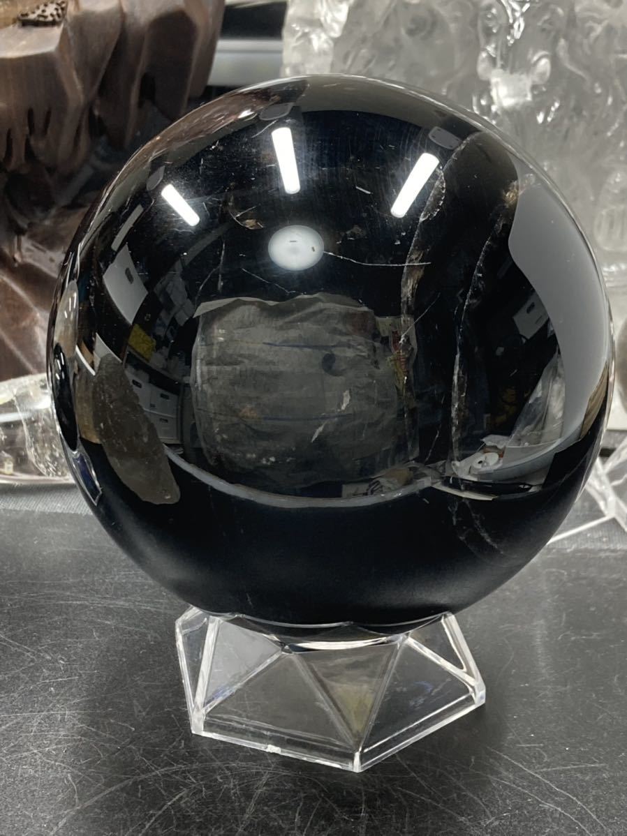 中国 山東省産 スター モリオン (黒水晶) 丸玉 約110mm 2.1kg 0423