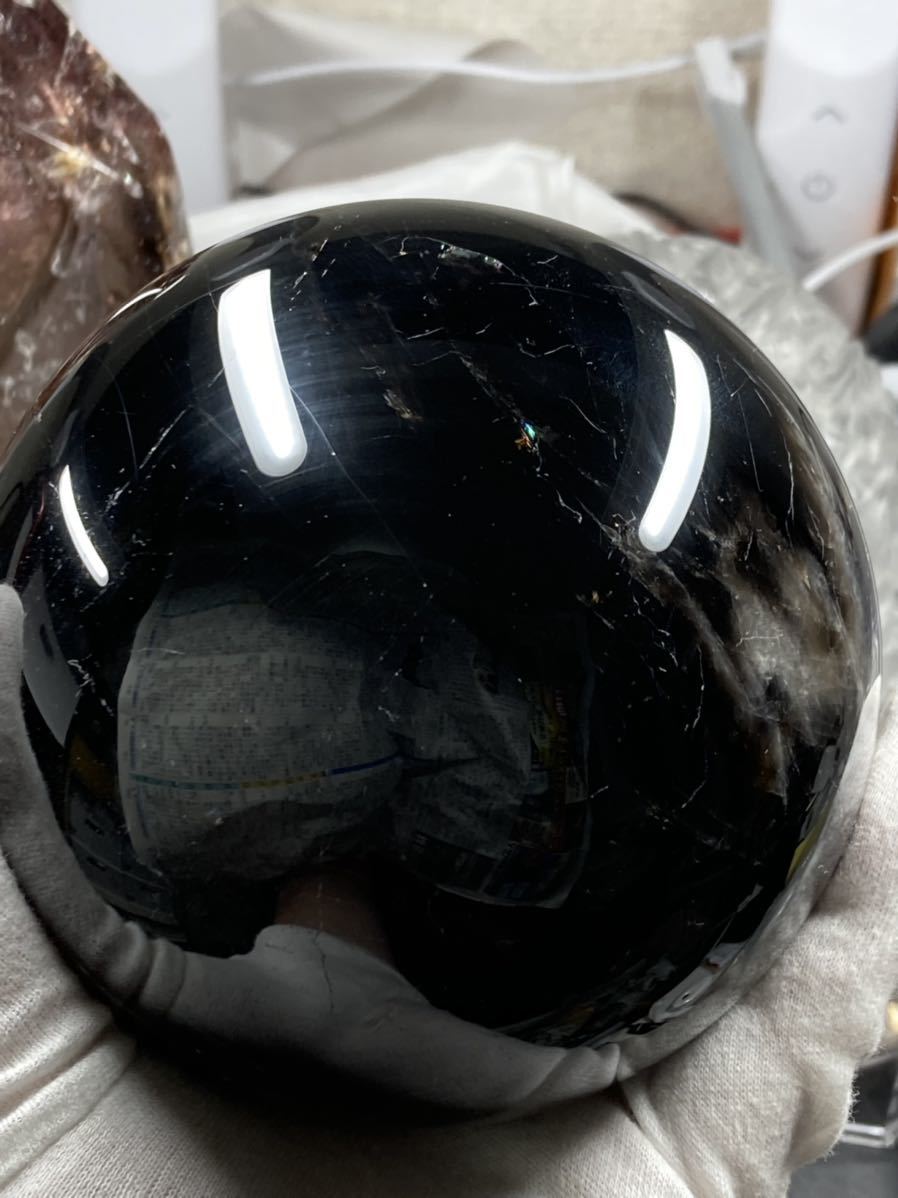 中国 山東省産 スター モリオン (黒水晶) 丸玉 約110mm 2.1kg 0423