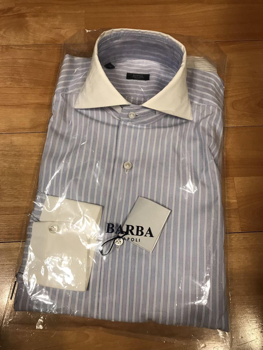 新品★バルバ BARBA クレリックシャツ37ブルーストライプ ホリゾンタルワイド