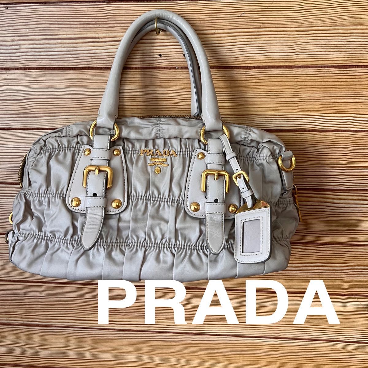 PRADA ギャザーナイロン本革レザートートバック グレージュ www