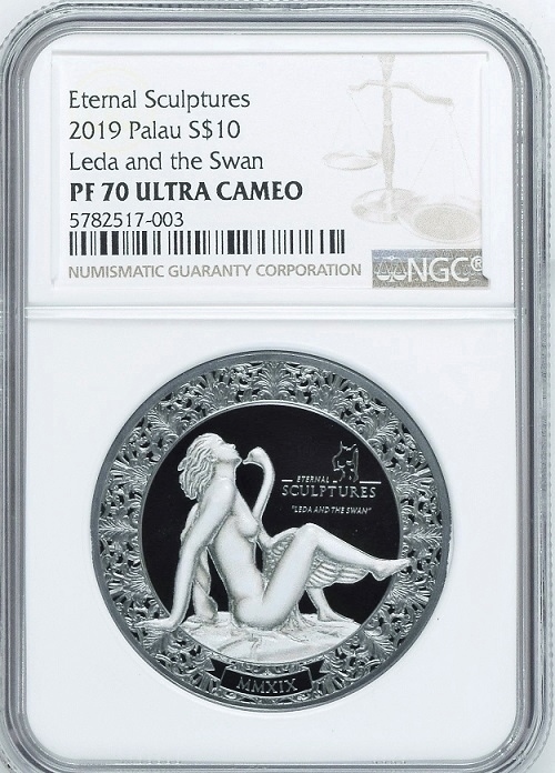 2019年 パラオ レダと白鳥 10ドル 2オンス ブラックプルーフ 銀貨 永遠の彫刻 NGC PF70 ULTRA CAMEO