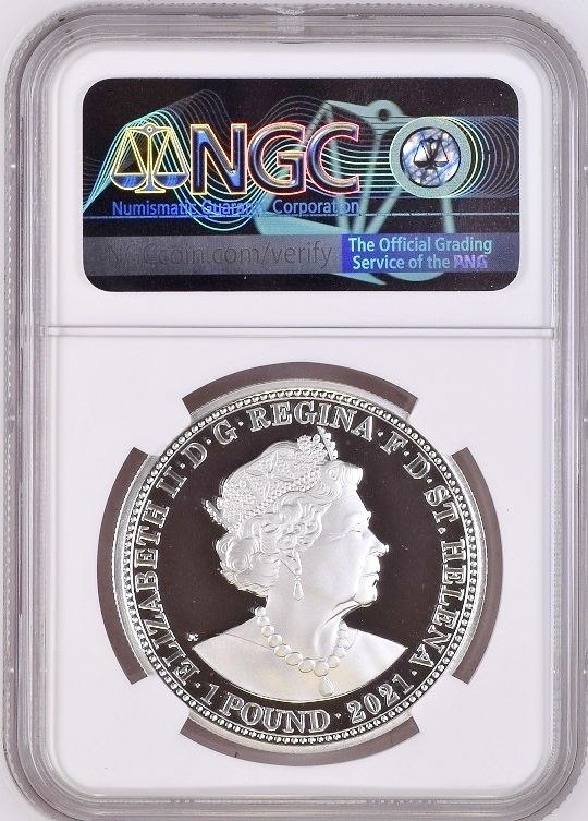 FDI 初日ラベル 2021年 セントヘレナ スリーグレイセス 1ポンド 1オンス プルーフ 銀貨 NGC PF69 ULTRA CAMEO First Day of Issue イギリス_画像3