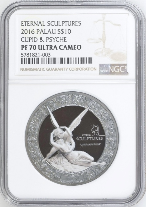 2016年 パラオ 天使 キューピッド プシュケ 10ドル 2オンス ブラックプルーフ 銀貨 永遠の彫刻 NGC PF70 ULTRA CAMEO