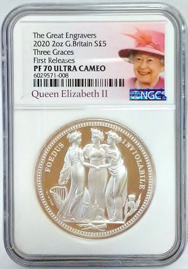 2020年 英国 イギリス ロイヤルミント スリーグレイセス 5ポンド 2オンス プルーフ 銀貨 NGC PF70 ULTRA CAMEO First Releases 女王ラベル_画像3