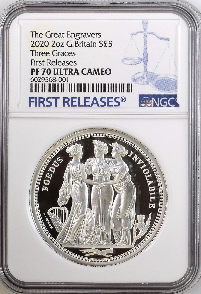 2020年 英国 イギリス ロイヤルミント スリーグレイセス 5ポンド 2オンス プルーフ 銀貨 2oz NGC PF70 ULTRA CAMEO First Releases