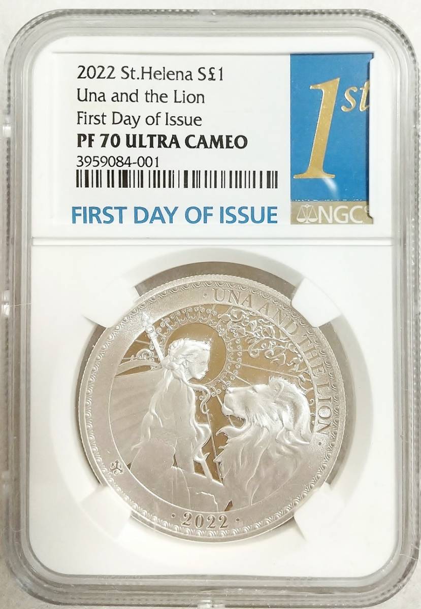 初日ラベル FDI 2022年 セントヘレナ ウナとライオン 1ポンド 1オンス プルーフ銀貨 NGC PF70 ULTRA CAMEO First Day of Issue イギリス_画像3