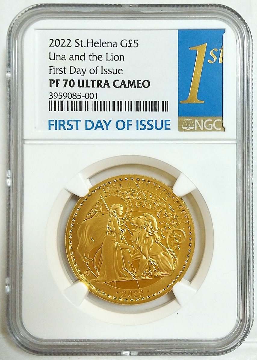 初日ラベル FDI 2022年 セントヘレナ ウナとライオン 5ポンド 1オンス プルーフ金貨 NGC PF70 ULTRA CAMEO First Day of Issue イギリス_画像3